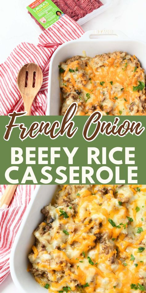 A large white pan of cheesy rice french onion casserole with a red and white striped napkin. French Onion Ground Beef Rice Casserole, French Onion Beef And Rice Casserole, French Onion Ground Beef And Rice Casserole, French Onion Ground Beef And Rice, French Onion Beef And Rice, Cheesy Beef And Rice, Lean Ground Beef Recipe, French Onion Casserole, Aldi Meals