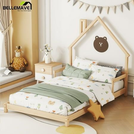 Featuring an unique and creative house-shaped headboard, this montessori floor bed is an beautiful piece of furniture in the bedrooms to keep your bedroom funny and interesting at all times. This full bed frame is made of premium pine wood and plywood, it ensure stability, durability and sturdiness. This toddler floor bed comes with handrails at both sides of the bed provide support for children when they get up or lie down, it can also effectively prevent mattress from sliding. Its low to the floor platform height allow children to get in and out of the bed easily, you dont have to worry them falling out of the bed while sleeping. It is available in various color, pick the favorite one for your boys and girls. Size: Two Size.  Color: Brown. Queen Size Montessori Bed, Full Size Bed For Boys, Montesorri Bedroom Toddler, Montessori Boy Bedroom, Montessori Bedroom Boy, Toddler Bedroom Layout, Toddler Safari Bedroom, Diy Toddler Bed On Floor, Floor Bed Full Size