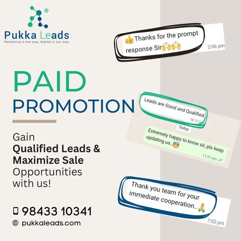 PAID PROMOTION! Gain Qualified Leads & Maximize Sale Opportunities with us! சேவைகளை தமிழில் பெற👇 🌐pukkaleads.com 📱98433 10341 . . . #pukkaleads #digitalmarketing #socialmedia #emailsignature #socialmediamarketing #marketing #facebook #facebookmarketing #startyourbusiness #instagram #instagrammarketing #smallbusiness #SME #SEO #Searchengine #SERP #madurai #tamilnadu #india #websiteseo #googleads #paidpromotions Paid Promotion, Marketing Facebook, Seo Website, Madurai, Google Ads, Facebook Marketing, Instagram Marketing, Search Engine, Social Media Marketing