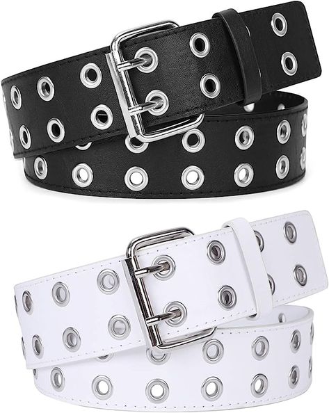 White/black belt Y2K Trendy Holes Double Grommet Belt, Stile Punk Rock, Punk Rock Dress, Punk Belt, Punk Jeans, Grommet Belt, Punk Accessories, Jeans Belt, Belt For Women