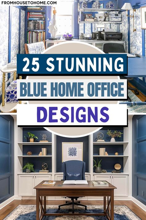 25 stunning blue home office designs Dark Blue Office Ideas, Dark Blue Office Walls, Office Blue Walls, Home Office Blue Walls, Blue Home Office Ideas, Blue Office Ideas, Diy Wall Unit, Blue Decor Ideas, Blue Home Office