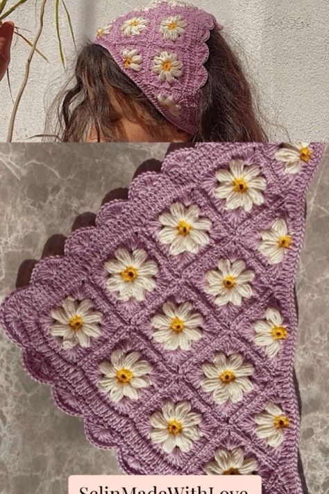 %100 cotton and handmade, lilac bandana with white daisies 🌼 #bandana #crochet #handmade #hair #summer #accessorry #style #lilac #crochetideas #knittingdesign #knitting Free Crochet Bandana, Crochet Bandana Flower, Boho Hair Scarf, Lilac Crochet, Hair Kerchief, Bandana Crochet, Crochet Headband Tutorial, Stitch Techniques, Crochet Bandana