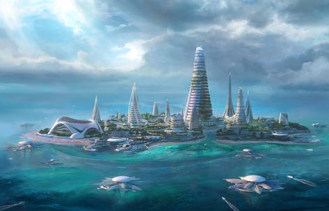 Island City Concept Art, Futuristic Island, Solarpunk City, Buildings Sketch Architecture, City Concept Art, Fantasy Cities, Sun Drawing, Sci Fi Landscape, Drawing Architecture