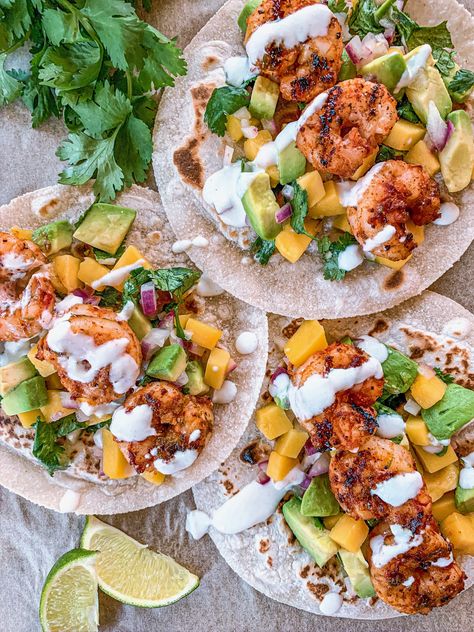 Grilled Shrimp Tacos With Mango Salsa - Simple And Fraiche Grilled Shrimp Tacos With Mango Salsa, Shrimp Taco Mango Salsa, Shrimp Tacos With Mango Slaw, Grilled Shrimp With Mango Salsa, Bbq Shrimp Tacos, Mango Salsa Shrimp Tacos, Shrimp And Mango Recipes, Mango Salsa Shrimp, Grilled Shrimp Tacos Recipe