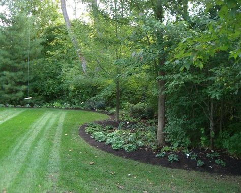 I like the trees and the hostas. i don't even know if this is practical for us right now, since there are no trees? Wood Landscape Edging, Wooded Backyard Landscape, Large Yard Landscaping, Acreage Landscaping, Large Backyard Landscaping, Landscape Borders, Wooded Landscaping, Landscape Edging, Garden Shrubs