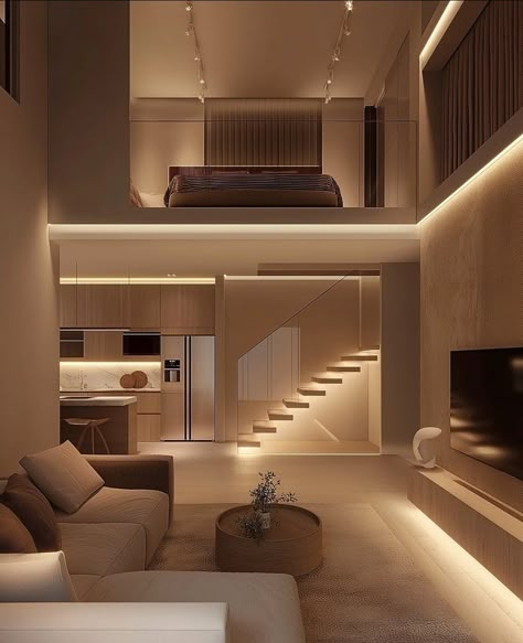 Two Story Apartment Interior Design, Home Living Room Aesthetic, Minimalism House Interior, Dim Lit Living Room, Big White Bedroom, Living Room Designs Big Spaces, Dream House Decor Ideas, Dream Apartment Decor Aesthetic, Bedroom With Living Room Area