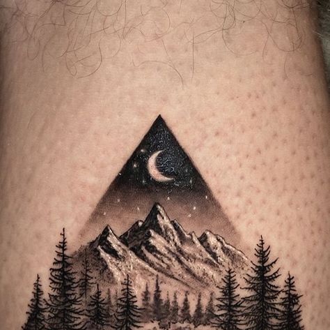 Calvin on Instagram: "Calm nights (im literally Ryan gosling) . . . . . #tattoo #tattoos #vancouver #tattooed #torontotattoos #toronto #nature #naturetattoo #landscapetattoo #instatattoo #blackandgrey #britishcolumbia #mountaintattoo #alberta #banff" Mountain And Sky Tattoo, Banff Mountain Tattoo, Banff Tattoo Ideas, Tofino Tattoo Ideas, Velaris Mountains Tattoo, Mountain With Stars Tattoo, Acotar Tattoos Mountain, Mountain Night Sky Tattoo, Banff Tattoo