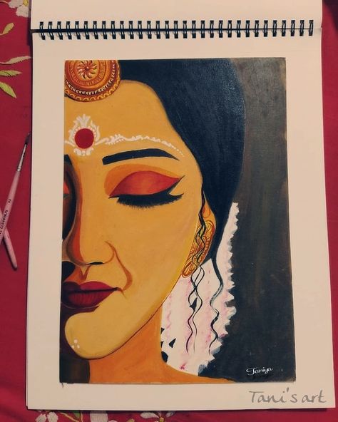 Oli painting on A4 size canvas paper A4 Size Painting, Maa Durga Abstract Painting, Indian Women Painting Easy, Bengali Bride Painting, Easy Indian Paintings, Painting Ideas On A4 Paper, Simple Acrylic Paintings On Paper, Traditional Paintings Indian, Traditional Paintings Indian Folk Art