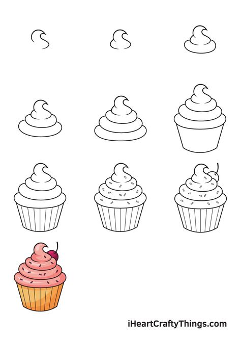 Cupcake Drawing — How To Draw A Cupcake Step By Step Drawing Of A Cupcake, Cake Step By Step Drawing, Cupcake Drawing Tutorial, Cupcake Doodles Easy, How To Draw Cupcakes Step By Step, Dessert Drawings Easy, Cupcake Line Drawing, Cupcake Drawing Step By Step, How To Draw Candy Step By Step