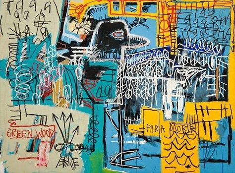 Jean-Michel Basquiat Bird on Money c. 1981 Location: Private Collection  The painting is an homage to one of Jean-Michel Basquiat's heroes jazz saxman Charlie Parker ... yardbird ... was one of the musician's nicknames... Basquiat was nothing if not sophisticated. He toyed with primitivist tropes rhythmically the way jazz musicians play with standards. He made that connection himself; the names of famous jazz players turn up in many of his works  #abstractart #thedeancollection #artworkoftheda Jm Basquiat, Jean Michel Basquiat Art, Basquiat Paintings, Images Pop Art, Bad Painting, Charcoal Painting, Ship Travel, Hotel Garden, Basquiat Art