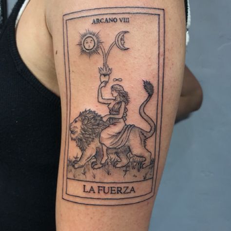 my tattoo from Ian Reynolds at Castro Tattoo in SF. Tarot card for VIII Strength: “La Fuerza” or “La Force” Strength Card Tattoo, Tarot Tattoo Strength, Tarot Card Strength Tattoo, Strength Tarot Card Tattoo, Lion Tarot Card Tattoo, Tarot Card Strength, Tarot Cards Strength, The Strength Tarot Card, Leo Sign Tattoo