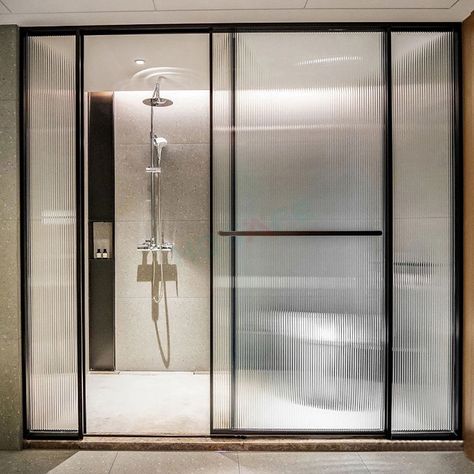 Fluted Glass Partition Bathroom, Fluted Glass Partition Sliding Doors, Fluted Glass Partition, Glass Door Office, Glass Sliding Doors Interior, Fluted Glass Door, Barn Bedroom, Shower Door Designs, Barn Bathroom