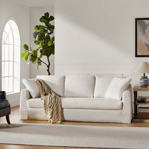 Riccardo 85" Modern Slipcovered Sofa with Square Flange Arm by HULALA HOME - On Sale - Bed Bath & Beyond - 39283939 Coastal Sofa, Transitional Sofa, Slipcover Sofa, Sofa Brown, Sofa Review, Premium Sofa, Brown Sofa, White Sofas, Large Sofa