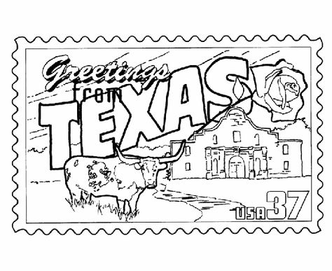 Could have students color the "greetings from Texas" stamp and glue it on a postcard that they write. The students would write on the postcard, important facts/symbols about Texas that they think are important or cool. Texas Coloring Pages, Texas Stamp, Texas Symbols, Texas Outline, Texas Theme, Texas State Flag, 4th Grade Social Studies, 5th Grade Social Studies, Homeschool Geography