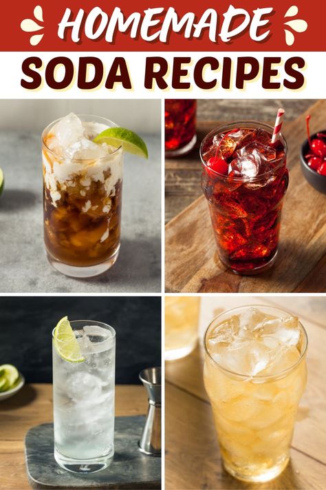 Skip the canned stuff and try these homemade soda recipes! From traditional cola to root beer to cherry, these tasty drinks are sure to please! Homemade Sprite Recipe, Davinci Syrup Recipes Drinks, Homemade Dr Pepper Soda, Fruit Soda Recipe, Healthy Soda Recipes, Club Soda Drinks Non Alcoholic, Homemade Soda Recipe, Club Soda Recipes, Soda Recipes Drinks