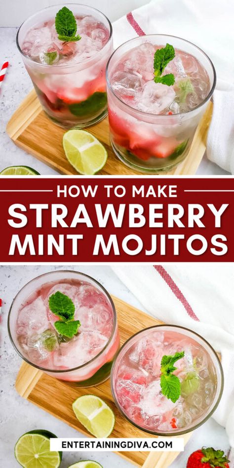 Strawberry Mint Mojito Recipe, Strawberry Mint Mojito, Mint Mojito Recipe, Strawberry Mojito Recipe, Parties Food, Mint Drink, Mint Cocktails, Mojito Mocktail, Strawberry Mojito