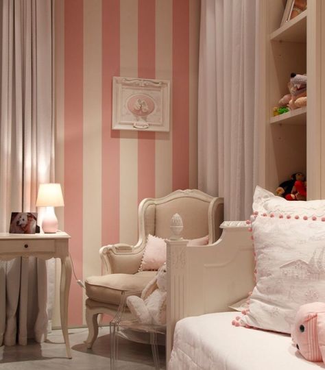 Baby Girls Room Striped Walls Bedroom, Pink Striped Walls, Striped Bedroom, Striped Nursery, Striped Room, Striped Walls, Big Girl Rooms, Striped Wallpaper, Pink Room