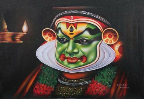 Kerala Art Forms, Kathakali Painting, Cloth Collage, Kathakali Face, Kerala Art, Kerala Mural Art, Indian Wall Decor, Indian Artwork, Buddha Art Drawing