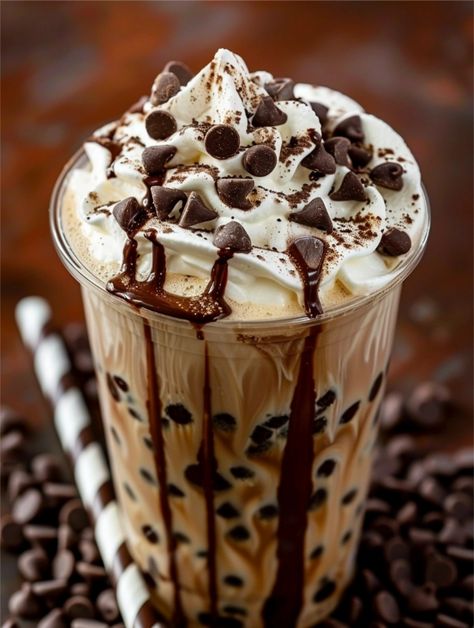 Double Chocolate Chip Frappuccino ☕🍫 📋 Ingredients: - 1 cup milk - 1 cup ice - 1/2 cup strong brewed coffee, cooled - 1/4 cup chocolate syrup - 1/4 cup mini chocolate chips - 1/4 cup granulated sugar - 1 tsp vanilla extract - Whipped cream, for topping - Extra chocolate chips and syrup, for garnish Double Chocolate Chip Frappuccino, Chocolate Chip Milkshake, Dessert Cups Recipes, Candy Drinks, Sleepover Food, Choco Chips, Creative Desserts, Milkshake Recipes, Sweet Drinks