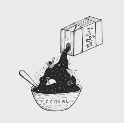 by ALBERT LÓPEZ Bowl Of Cereal Tattoo, Bowl Of Cereal Drawing, Cereal Bowl Illustration, Cereal Tattoo, Cereal Drawing, Cereal Illustration, Space Aesthetics, Spilled Milk, Space Drawings