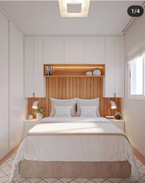 Modern Cozy Bedroom, Bedroom Built Ins, Bedroom Design Styles, Small Bedroom Interior, White Linens, Headboard Wall, Wooden Headboard, Tiny Bedroom, Modern Bedroom Design