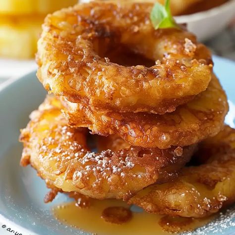 Pineapple Fritter Rings Pineapple Fritter Rings, Pineapple Fritters, Pineapple Rings, Dessert Snacks, Pineapple Slices, Breakfast Sweets, Canned Pineapple, Tropical Twist, Sweet Cravings