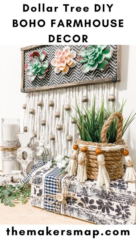 Dollar Tree Boho Farmhouse DIY Creative How To Boho Farmhouse Decor, Diy Boho Decor, Diy Living Room Decor, Spring Decorating, Diy Dollar Tree Decor, Diy Boho, Dollar Tree Decor, Tree Images, Dollar Tree Diy Crafts