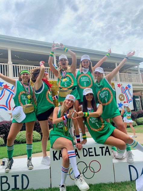 Sorority Olympics Theme, Olympic Theme Outfit, Olympic Bid Day Theme, Green Bid Day Theme, Sports Bid Day Theme, Axo Philanthropy, Kappa Delta Bid Day, Spirit Week Themes, Country Costumes