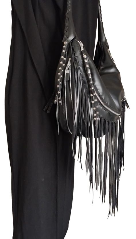 Black Shoulder Bag. Black Top Leather Handle Bag with fringes. Timeless Rock Look forever Black Leather Bag with silver metallic rivets-fringes- 2 zipper on the bottom of the Bag..in order to make it..smaller or bigger according to the items. 2-pockets with zippers in front of the Bag and fringes. The strap is strong-soft to touch and nicely knitet on the top visible part. of the handle. 2 Long black fringes with silver rivets decorate the 5 zippers of the Bag. Height of the Bag-10 inches or25 c Black Leather Bag Outfit, Rock Look, Designer Leather Bags, Apocalyptic Fashion, Black Office, Black Leather Bag, Classy Shoes, Denim Ideas, Top Handbags