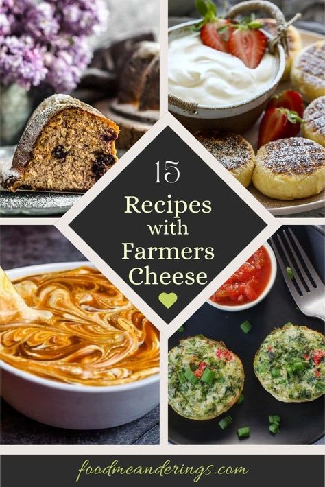 collage of 4 farmers cheese recipes with text in the middle Farmers Cheese Appetizers, What To Make With Farmers Cheese, Recipes Using Farmers Cheese, Farmers Cheese Recipes Desserts, Recipes With Farmers Cheese, Farmer Cheese Recipes, Farmers Cheese Recipes Dishes, Farmers Cheese Recipes, Dry Cottage Cheese