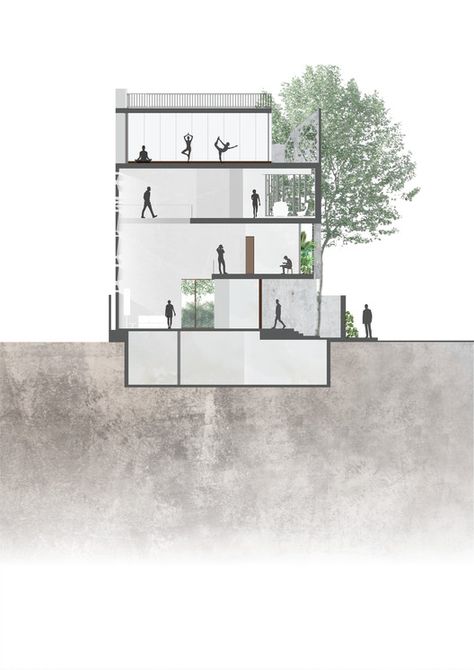 Center Section Schematic Section, Architectural Section Presentation, Section Plan Architecture, Section Architecture Drawing, Section Photoshop, Architectural Section Drawing, Architecture Section Drawing, Sections Architecture, Section Drawing Architecture