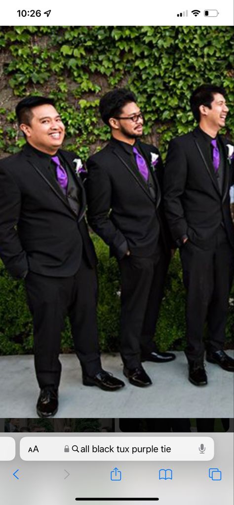 All Black Suit With Purple Tie, Black Tux With Purple Accents, Black Suit Purple Tie Wedding, Black And Purple Groom Suit, Black And Lilac Groomsmen, Black And Purple Chambelanes, Deep Purple Tuxedo Wedding, Black Tux Purple Tie, Black Suit And Purple Tie