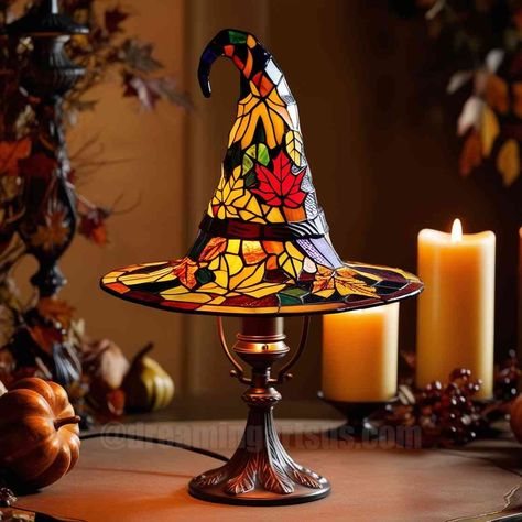 Autumn Witch Lamp, Gothic Style Stained Glass Autumn Witch Hat Lamp Witchy Lamps, Witch Hat Stained Glass Pattern, Stained Glass Witch Hat, Witchy Lampshade, Witch Lamp, Gothic Victorian Lampshade, Gothic Table Lamp, Autumn Witch, Living Room Decor Gray