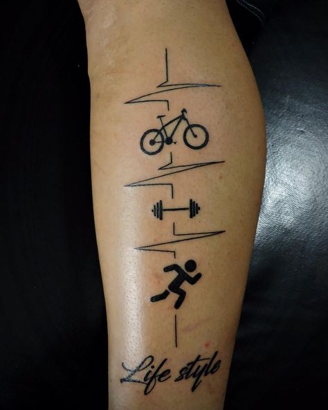 Whether you run, lift weights, cycle, dance, or do yoga, maybe you want a permanent reminder of your passion and a visual cue to inspire you to keep at it. If Dumbbell Tattoo, Cycling Tattoo, Triathlon Tattoo, Running Tattoo, Fitness Tattoo, Sport Tattoos, Indirect Speech, Map Tattoo, Globe Map