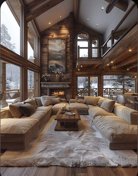 Interior Design Chalet, Future Home Ideas Interior Design, Luxury Cottage Interior, Cozy Big House, Mountain Home Aesthetic, Rustic Interior Design Living Room, Big House Interior, A Frame House Interior, Mountain House Interior