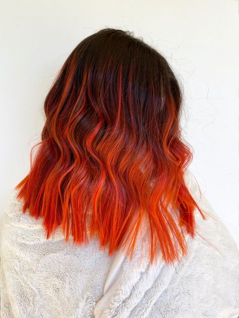 Natural Vivid Hair Color, Dark Brown Hair With Orange, Orange Tips Hair, Danger Jones Hair Color, Unusual Hair Colours, Red And Orange Hair Color, Sunset Orange Hair, Orange Hair Color Ideas, Fire Ombre Hair