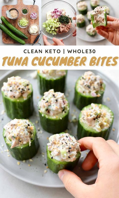 These tuna cucumber bites are the perfect quick and easy lunch! Every bite is packed with healthy protein, fiber, fat, and vitamins. They're Whole30 compatible and great for Keto/Low Carb way of eating, and you don't even need a fork. Make up a batch today! Meal Prep With Cucumbers, Recipes With Mini Cucumbers, Cucumber Tuna Bites, Small Healthy Lunches, Cucumber Lunch Ideas, South African Salad Recipes, Cucumber Tuna, Nutritional Meals, African Salad