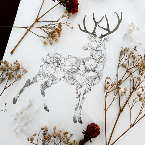 Deer Skull Floral Tattoo, Fineline Deer Tattoo, Deer With Flowers Tattoo, Feminine Deer Tattoo, Fine Line Deer Tattoo, Antler And Flower Tattoo, Elk Tattoo Feminine, Deer Flower Tattoo, Stag Tattoo Feminine