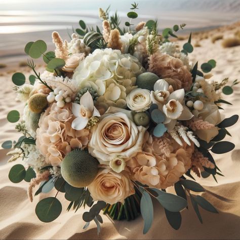 Here is the redesigned bouquet featuring gentle flowers such as hydrangeas, gardenias, and ranunculus with champagne and white colors. The bouquet is arranged in a soft, luxurious, and sophisticated design with lush greenery like eucalyptus and ferns, set against a desert backdrop with a view of the Dead Sea, creating a romantic and delicate feel suitable for a high-end wedding. Nick Castle, Gentle Flowers, Desert Backdrop, Hydrangea Wedding, Hydrangea Bouquet, Lush Greenery, Dead Sea, White Colors, Ranunculus