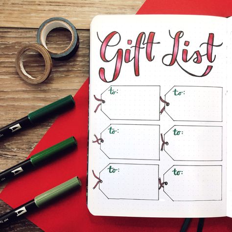 Christmas gift list for your bullet journal. Keep track of everyone’s Christmas gifts with this gift tracker in your bullet journal #christmasgifts #bujo #bulletjournal Bullet Journal Gift List, Bullet Journal Ideas Christmas, Journal Ideas Christmas, Bullet Journal Christmas, December Bullet Journal, Bullet Journal Monthly Spread, Gift Tracker, Bullet Journal Set Up, Bullet Journal Quotes