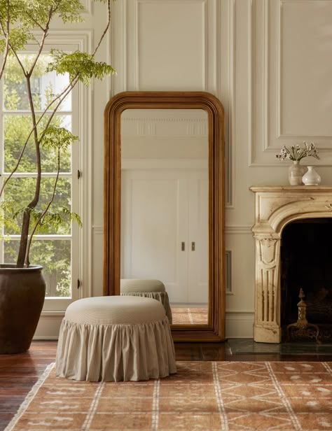 Haisley Floor Mirror Skylight Room, Skirted Ottoman, Dream Entryway, Future Home Aesthetic, Soft Room, Popular Rugs, Burled Wood Furniture, Chicago Living, Large Floor Mirror