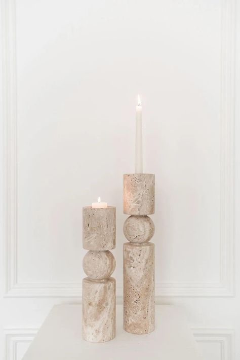 A perfect blend of style and practicality designed for those who love to host gatherings and adorn their living spaces. These substantial solid stone candle holders, measuring 12" and 15" in height, add an elegant touch to your home. Crafted from high-quality travertine stone, these holders feature a lovely ivory hue t Minimal Moodboard, Stone Candle Holder, Stone Candles, Candle Carving, Travertine Stone, Taper Candles, Candle Set, Mykonos, Home Decor Inspiration