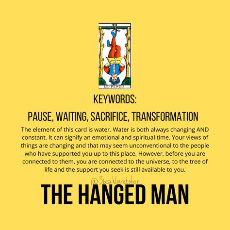 The hanged man card.XII tarot card. Tarot card meaning keywords. For more visit www.speaklovetoher.com The Hangman Tarot Meaning, The Hanged Man Tarot Meaning, Astrology Explained, Tarot Study, Hanged Man Tarot, Learning Tarot, Hanged Man, Arcana Tarot, Man Card