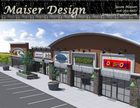 Strip Mall Concept Design - This is a concept design of a strip mall… Market Exterior, Mall Concept, Shop Elevation, Shopping Center Architecture, Mall Facade, Retail Architecture, Mall Shopping, Strip Mall, Small Town America