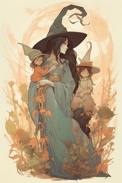 Two Witches Art, Cottagecore Witch Art, Witch Fairytale, Forest Witch Drawing, Mother Witch, Art Nouveau Witch, Witch Artwork, Witch Painting, Witch Wallpaper