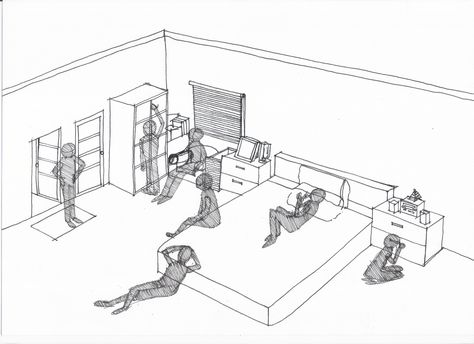 Living in a room - This is a drawing of interactions between human body and furniture in my bedroom. the furniture that I mainly use and have chosen to draw in my own room are bed, mini-sofa, drawer and cabinet. The drawing shows that a human can make a variation of movements with a furniture. In the opposite, we could say that a furniture could function in different ways Anthropometry Human Sketch, Sofa Drawer, Bed Top View, My Own Room, Perspective Room, Person Sketch, 3d Diorama, Sofa Drawing, Comic Reference