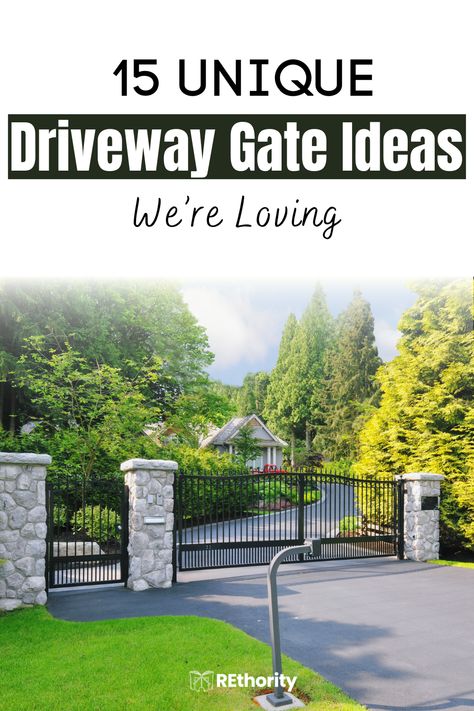 Are you looking for a unique solution to add a bit of extra security to your driveway? Look no further! We've rounded up 15 amazing driveway gates that are sure to provide the extra layer of protection you’re looking for while adding an element of style and sophistication to your property. Whether you’re looking for a classic wrought iron gate or a farm-style wood gate, we’ve got you covered! Read on to see some of the most unique driveway gate ideas we’re loving. House Gates Driveway, Fence Pillars Front Gates, Front Yard Fence With Electric Gate, Wrought Iron Sliding Gates Driveway, Farm Entrances Driveways, Driveway Gate Brick Columns, Double Driveway Gates, Wrought Iron Gates Driveway Entrance, Courtyard Driveway Ideas