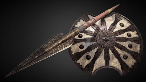 Achilles Shield, Roman Spear, Shield And Spear, Spear And Shield, Gods Of Olympus, Geometry Triangles, The Invincible, Leather And Brass, Hemp Rope