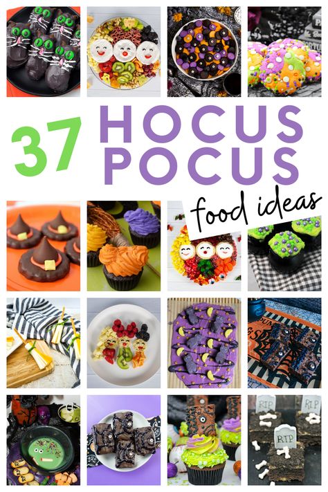 Ready for a Hocus Pocus Party or Hocus Pocus Movie Night? These 37 Hocus Focus Themed Food Ideas are the perfect place to start! From Hocus Pocus dessert to Hocus Pocus snacks, you'll find all the Hocus Pocus foods! Halloween Food Ideas Hocus Pocus, Hocus Pocus Party Favor Ideas, Hocus Pocus Treats Halloween Party, Hocus Pocus Snacks Ideas, Hocus Pocus Themed Party Food, Hocus Pocus Food Party Ideas, Hocus Pocus Snacks For Party, Hocus Pocus Veggie Tray, Hocus Pocus Movie Night Dinner