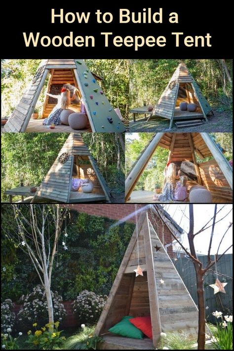 What kid wouldn't want to have their own playhouse? If you're looking for something a bit different for your little ones, why not build them a wooden teepee playhouse! Pallet Playground, Teepee Outdoor, Wooden Teepee, Backyard Water Fountains, Diy Kids Playground, Pallet Playhouse, Diy Teepee, Shed Tiny House, Kids Teepee Tent